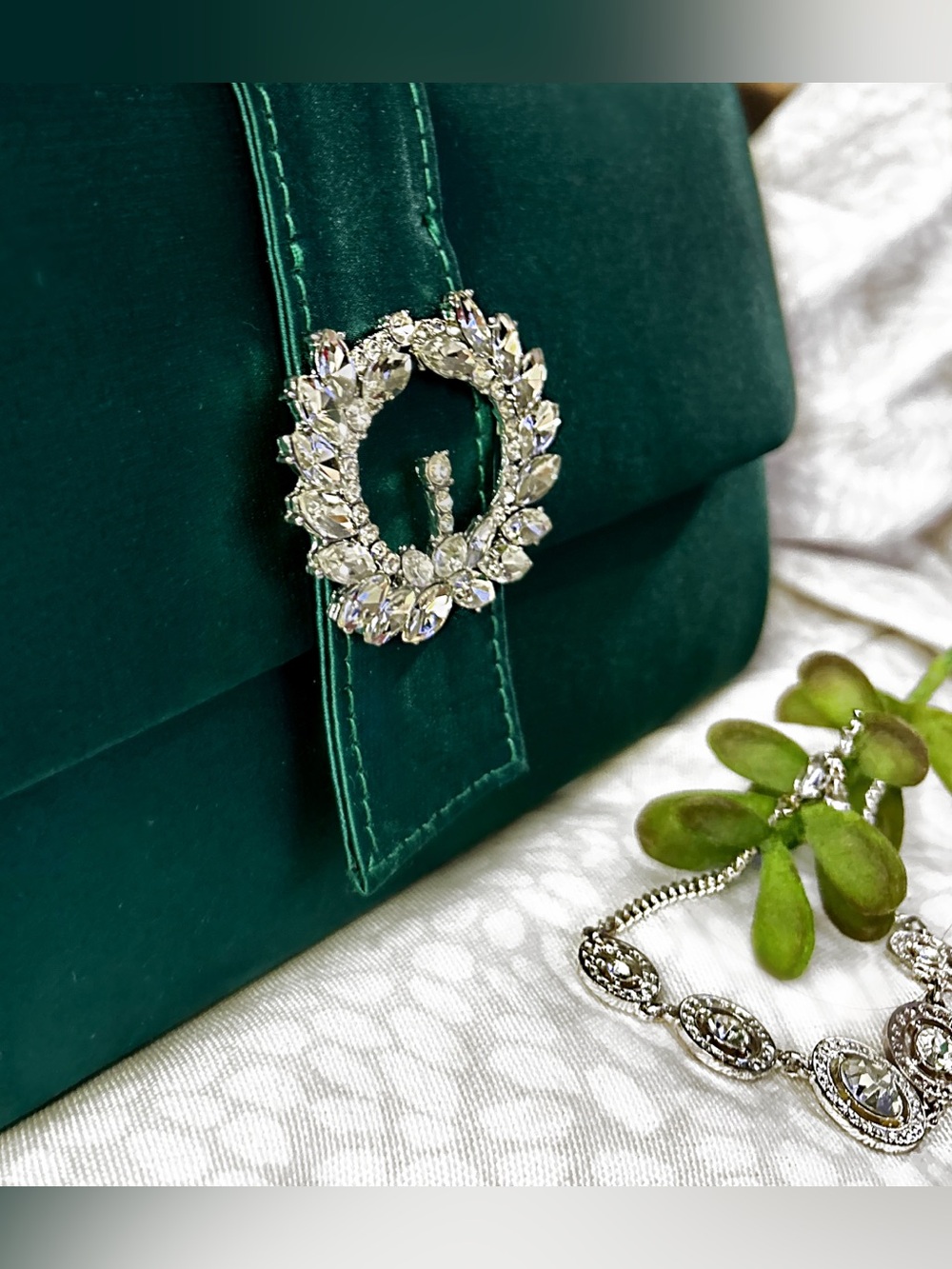 Green Evening Purse Embellished with crystal brooch- and Rhinestone Bracelet